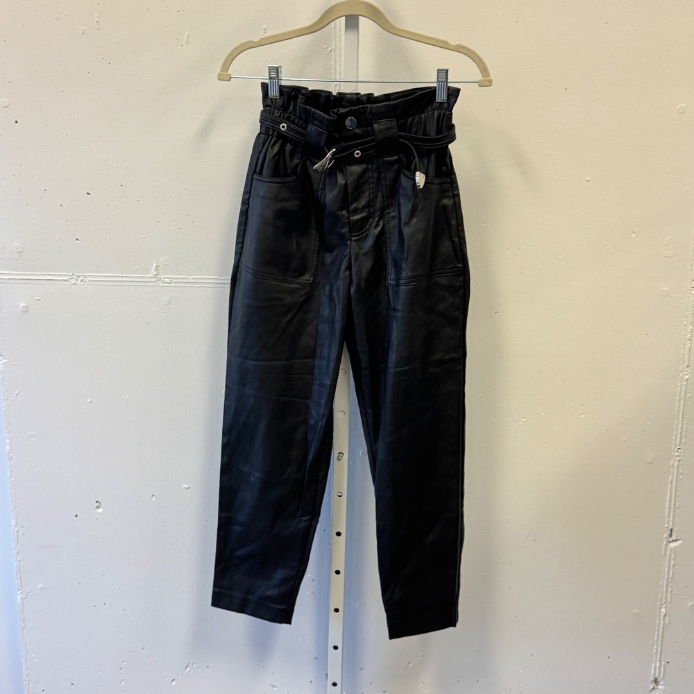 NWT River Island Petite Faux Leather Paperbag Utility Pants Western Belt‎ US 2